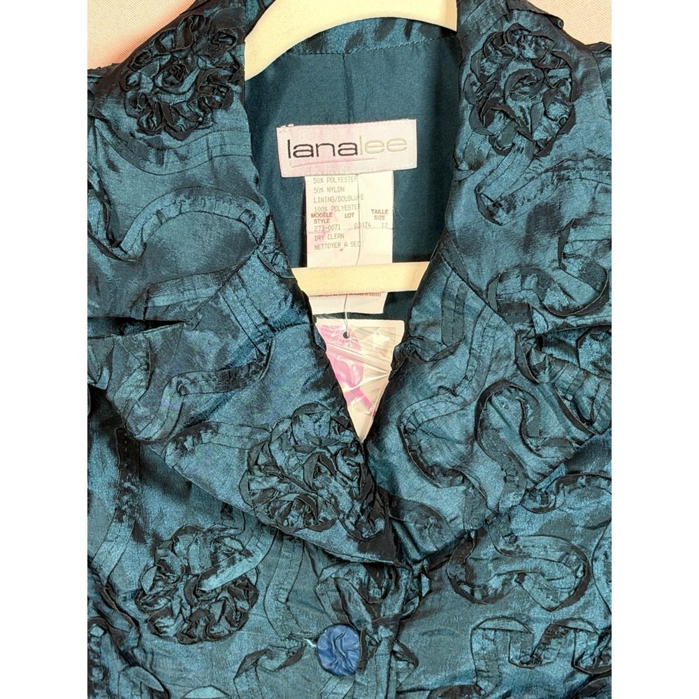 LANA LEE Blazer Jacket Blue on Blue Floral Velour Notched Collar Women Size 12 - Picture 2 of 7
